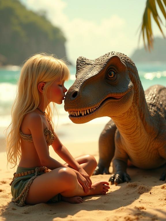 A beautiful blonde jungle warrior girl sits cross-legged on the beach beside a giant tyrannosaurus rex. Her skin glistens with sweat. Loincloth is tattered. Eyes show affection. She leans in to kiss the beast’s snout. Fingers brush over its scales. The sun casts golden light. The ocean roars softly. Vivid shadows and colors present. Cinematic and photorealistic style.