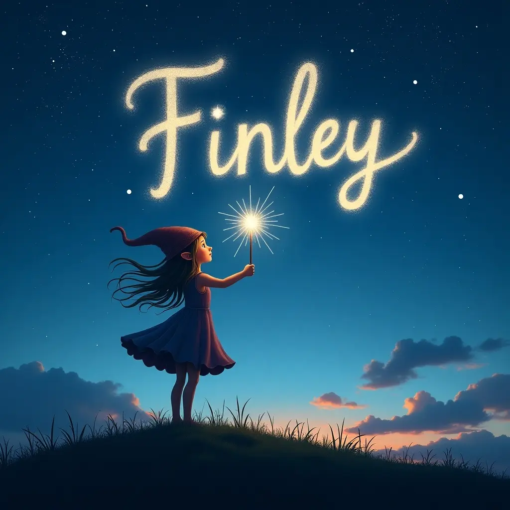 Whimsical scene with girl elf-like figure on a hill under a starry sky. Elf gracefully writing 'Finley' in glowing light. Soft twilight hues illuminate the landscape. Elf holds sparkling wand. Enchanting setting evokes wonder.