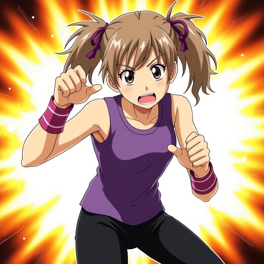 Dynamic anime character in action pose. Wearing purple top and black pants. Background features explosion. Character showcases determination. Hair styled in pigtails. Vibrant cartoonish style. Prepared for fight and strength.