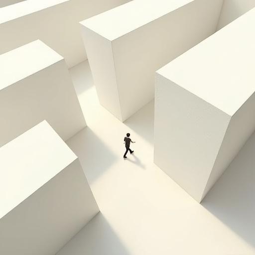 Bird's eye view depicting a minimalist tiny human traversing a maze. The illustration uses a surreal style with oversized maze walls, vast negative space, and a clean background. The composition is elegant and reflects contemporary art aesthetics with a subtle grain texture.