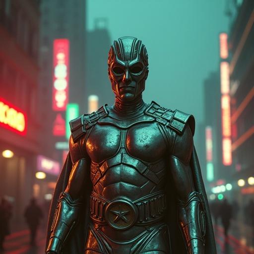 Epic cinematic image of El Santo, the iconic silver-masked Mexican wrestling hero in a retro-futuristic Cyberpunk world. He stands defiantly in his classic attire, including a shiny silver mask, wrestling briefs, boots, and a flowing cape. The backdrop features a gritty urban Cyberpunk setting with neon lights, massive structures, and advanced technology juxtaposed with urban decay. The atmosphere includes holographic ads, flying vehicles, and a smog-filled sky, conveying a blend of heroism and dystopia. High detail with dramatic lighting and a strong sense of atmosphere.