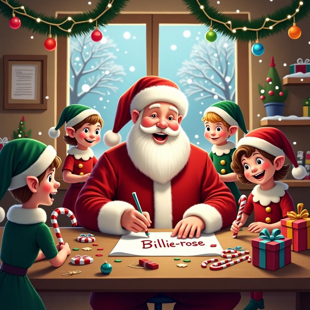 This image depicts a joyful Christmas scene inside a workshop filled with festive cheer. Santa Claus, dressed in his iconic red suit, is at the center of the scene, surrounded by cheerful elves in green hats and red outfits. They are all engaged in holiday activities, with Santa writing the name 'Billie-rose' on a piece of paper. Brightly wrapped presents and candy canes are scattered around the table, contributing to the holiday spirit. The workshop has a cozy ambiance, with snow visible through the window, and decorated with vibrant lights and ornaments for the festive season.