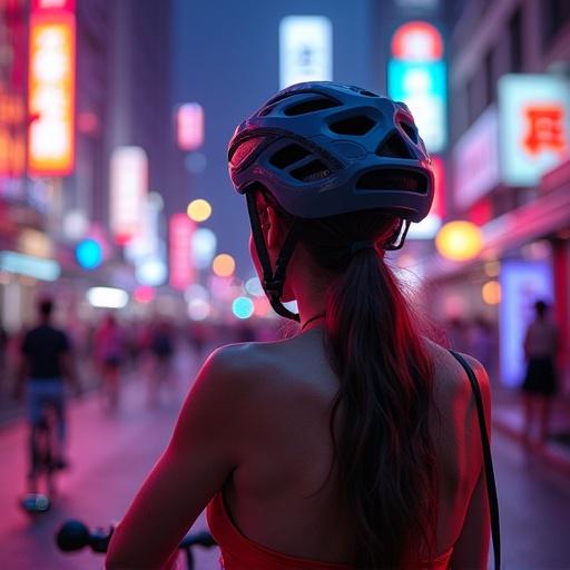 A woman riding a bike in a vibrant neon-lit city. The scene captures the allure of city life at night with bright lights and a sense of adventure. The focus is on the cyclist, who is wearing a helmet, amidst a colorful backdrop.