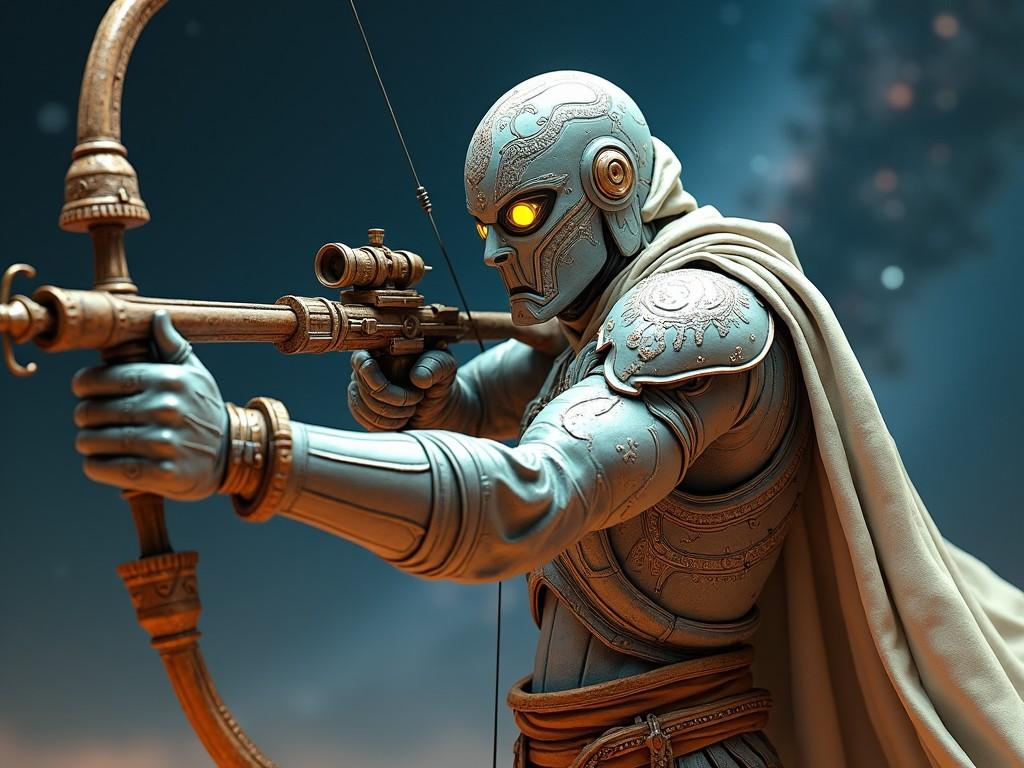 The image showcases a character inspired by ancient armor, featuring futuristic elements that make it suitable for a sci-fi narrative. The character resembles Arjuna from the Mahabharata, depicted with intricate metallic armor and glowing eyes for improved aim. Equipped with a sophisticated bow, the character is poised to shoot with precision, adding an element of readiness. The background hints at a cosmic setting, enhancing the blend of ancient and futuristic styles. The overall design reflects an enthralling merging of mythology and a space-faring aesthetic.