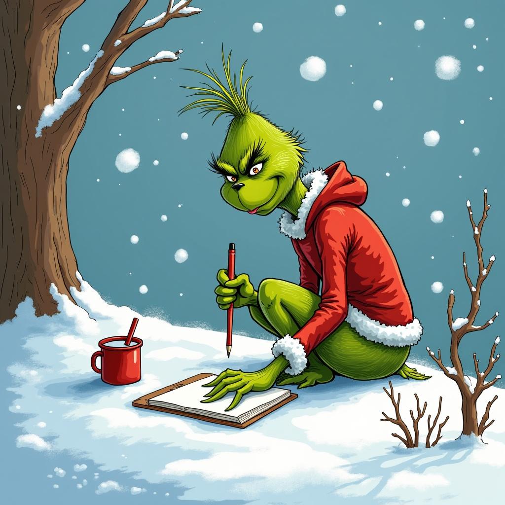 The Grinch dressed in a red coat writes in the snow. The setting is winter with snow falling. A red mug sits nearby. The Grinch has spiky green hair and a mischievous expression.