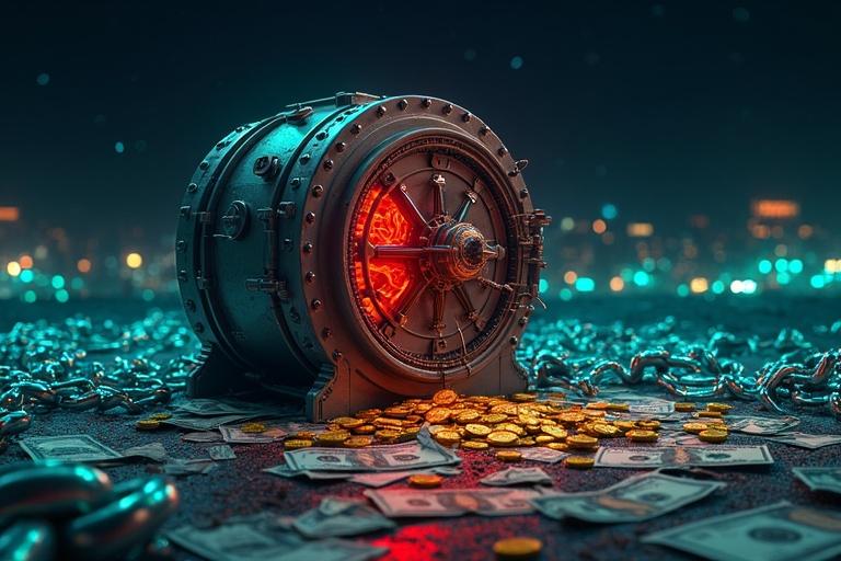 Futuristic bank vault with red cracks. Vault spills gold coins and dollar bills. Surrounded by glowing blue and green chains. Dark starry sky with faint city skyline. Blends realism and digital art.