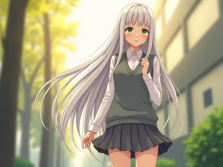 A university student in an anime style. She has long white hair, green eyes, and wears a grey sweater vest over a white shirt, tucked into a matching skirt. Knee-high socks and ankle boots with a heel. She smiles softly in the morning sun.