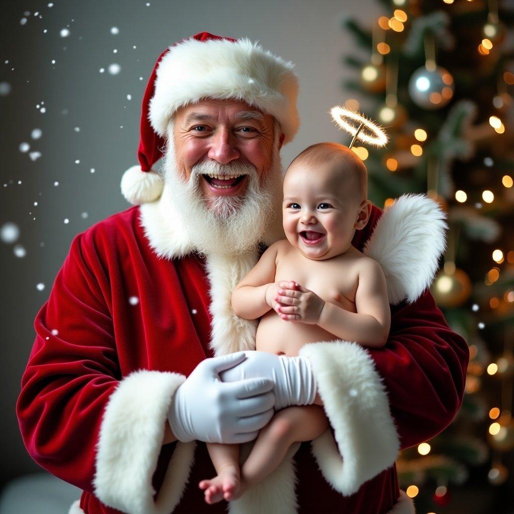 Image shows Santa Claus holding a smiling baby. Santa is in a red suit with white fur. Baby has angel wings and a halo. Background has holiday decorations and a Christmas tree. Snow is gently falling, creating a festive mood.