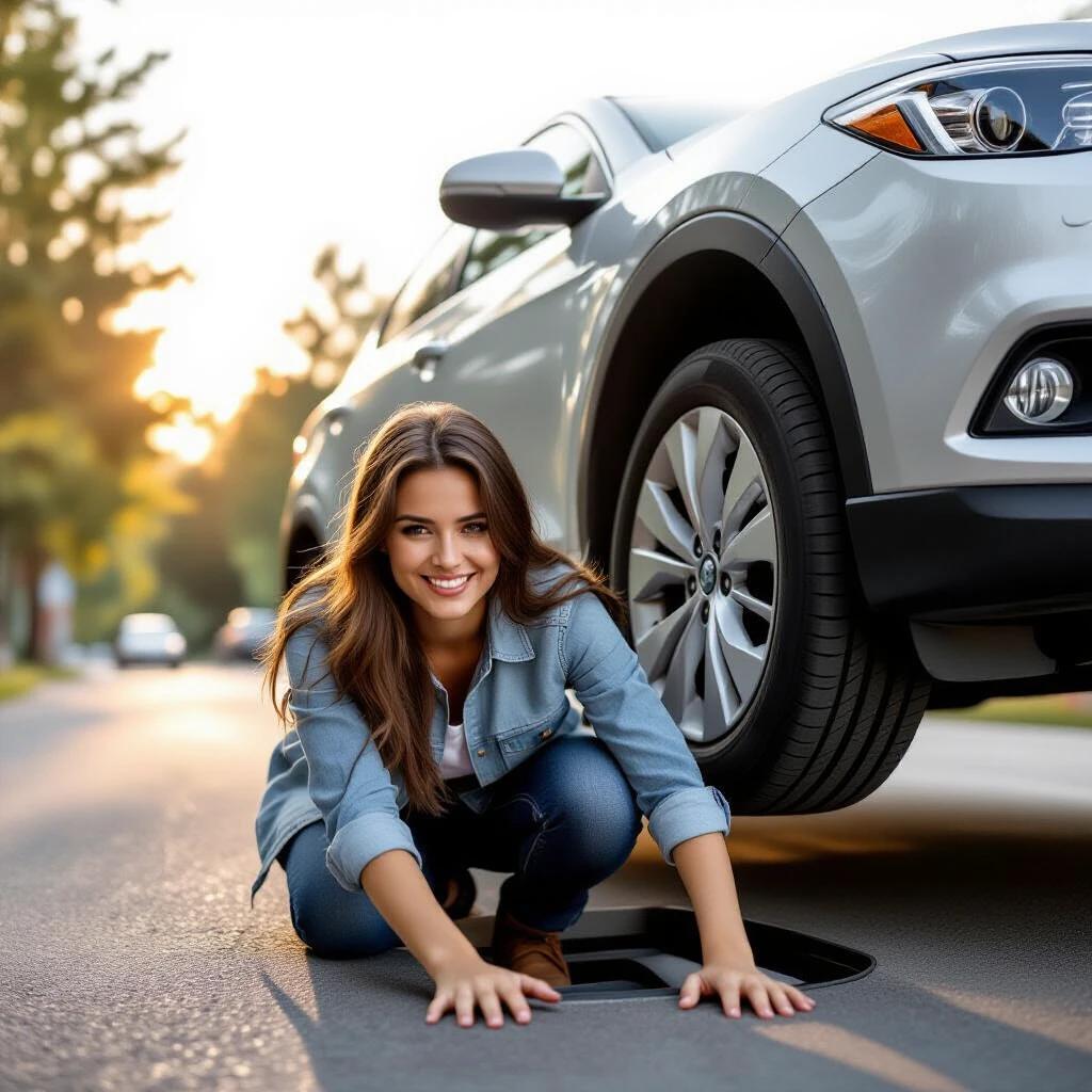A woman works under a car. Only legs visible under the vehicle. Car is parked on a road. Good lighting and warm colors.