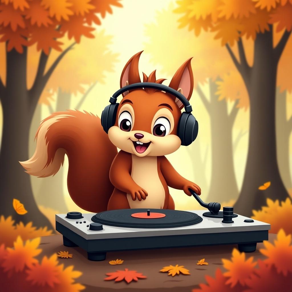 Cartoon squirrel wears headphones and mixes music at a turntable in autumn forest. Colorful leaves surround the vibrant scene.