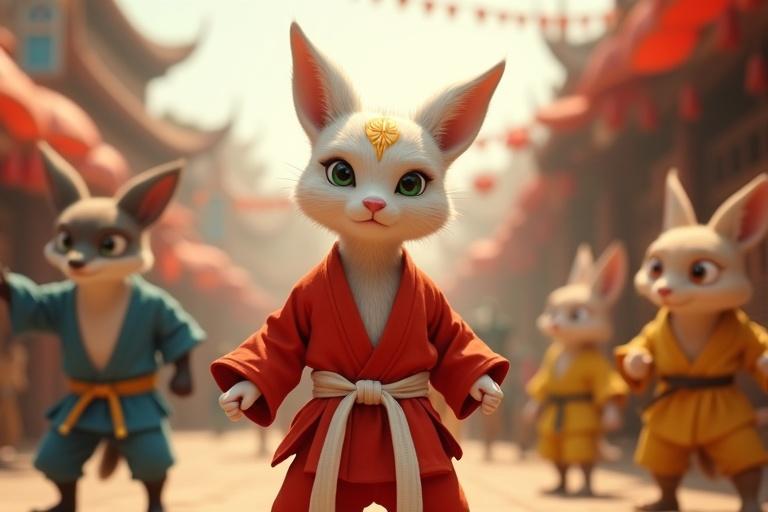 An ultra-HD 4K cinematic scene in 16:9 format showcases a vibrant market square in Chandrapur. Kittuu features white fur and emerald-green eyes in a light red karate gi with a white belt. A golden flame-shaped forehead mark glows subtly. Kittuu displays a defiant expression as surrounding animals in colorful attire gesture mockingly.