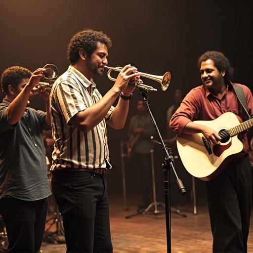 A band performing Brazilian Gospel-Soul music from 1974. Musicians play trumpet and guitar. The mood is mellow and uplifting with a warm, organic sound. Soft lighting enhances the ambiance.