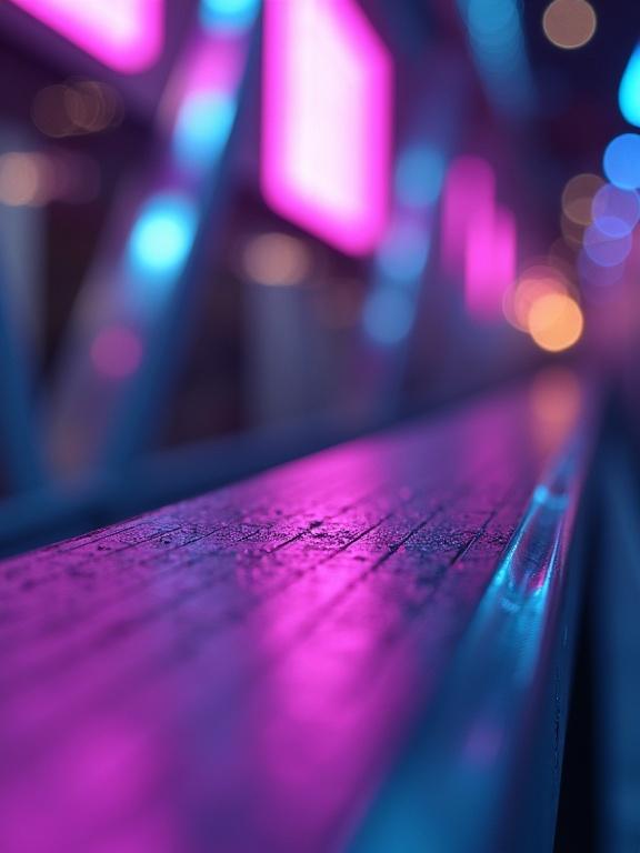 Professional product photography background. Prominent creamy bokeh effect present. Sharp metallic surface in foreground with linear patterns. Smooth transition from focus to blur. Angular metallic structures dissolving into bokeh. Purple magenta and cyan neon lights creating diffused circles. Selective depth of field. High-quality bokeh without aberrations. Blurred futuristic architectural elements with gradients. Atmospheric transitions in focus. Industrial cyberpunk aesthetic with cinematic bokeh.