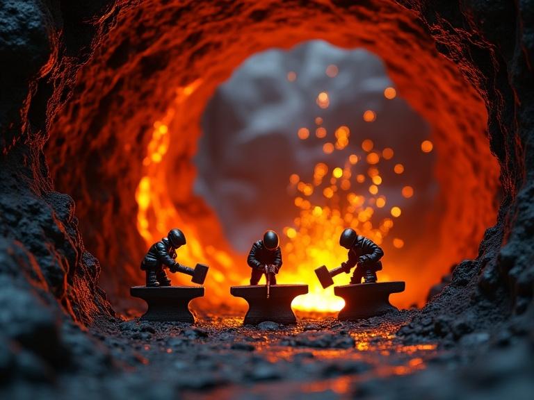 Dramatic ultra-wide shot of a miniature volcanic blacksmith forge inside a lava tube. Tiny smiths in fireproof suits hammer glowing weapons on anvils. Molten lava flows around barriers lighting the dark cavern with orange and crimson tones. Sparks fly with each strike. Air vibrates with energy.