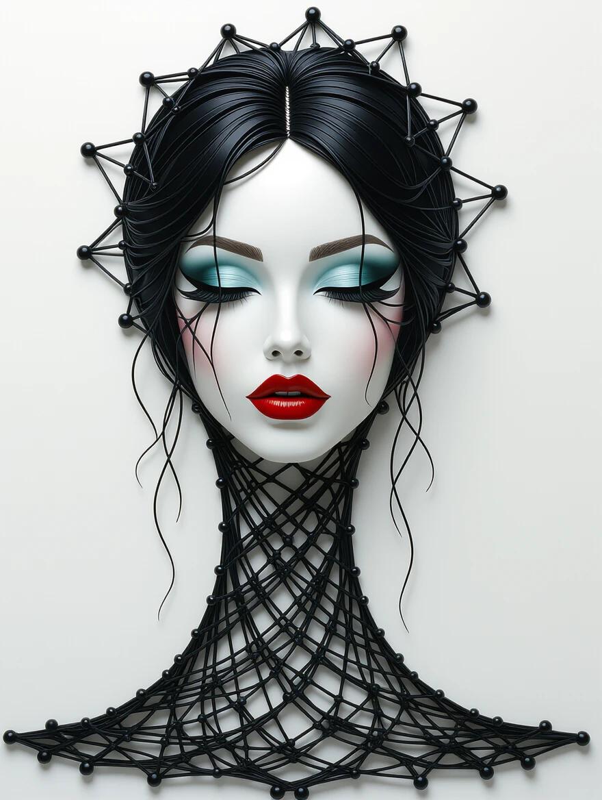 A full body 3D strings gothic shape artwork. A glamorous mixed media representation with intricate details.