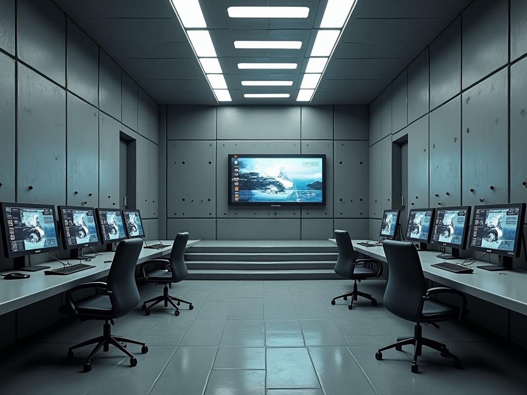 Interior of a command center with grey concrete walls. Multiple computer monitors on tables. Dim lights shine from the ceiling. Large screen displays an image. Bulkheads and steps are visible. Detailed textures and shadows create a realistic atmosphere.