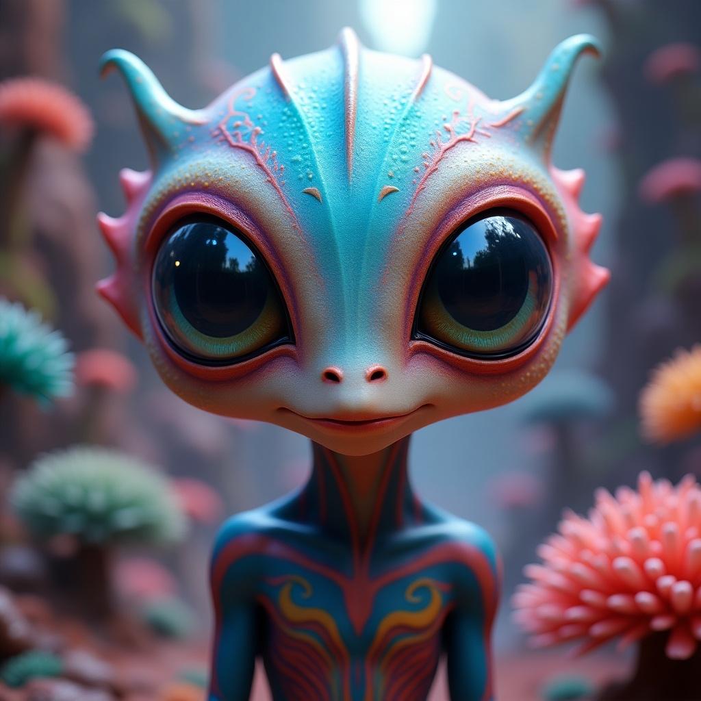 Alien creature with magnificent visuals. Intelligent being with developed senses. Features large, deep-dimensional eyes. Unique design with vibrant colors. Beautiful and surprising appearance.