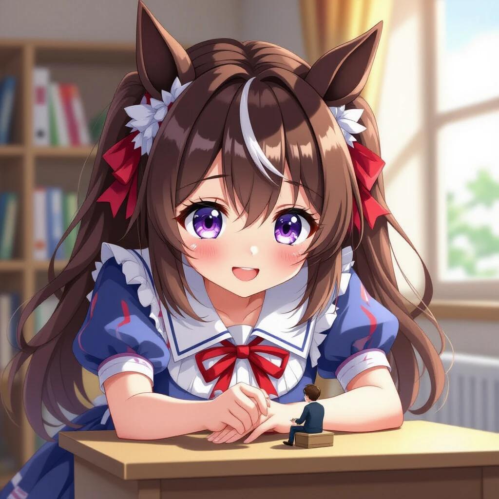 A giant cute anime girl has long brown hair and horse ears. She has a playful smile. The girl wears a frilly blue and white uniform with red ribbon. She interacts with a tiny man on a desk. The size difference is extreme. The expression is highly detailed. Soft lighting creates a warm atmosphere. It is an ultra-detailed anime illustration.