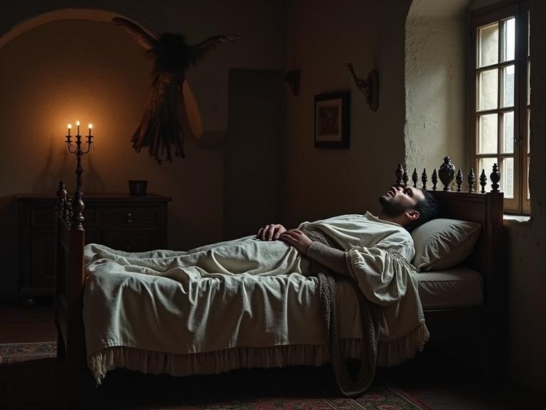 Interior scene of a Galician house at night. A person in medieval clothing lays on a bed. His soul seems visible, leaving his body.