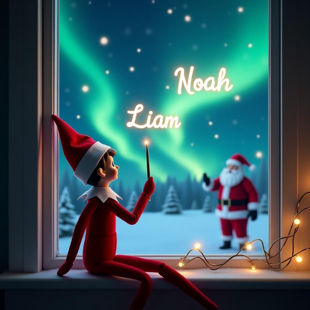 An elf on the shelf sits on a windowsill, facing the magical sky. The elf, dressed in red and white, writes names with a wand. Behind the elf, the night sky has northern lights and Santa Claus. The names 'Liam' and 'Noah' glow in the sky. It’s a festive and enchanting Christmas scene, evoking joy and wonder.