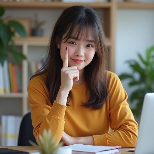 A young woman sitting at a desk with a playful expression. She holds one finger to her nose and winks at the camera. The setting has books and plants.