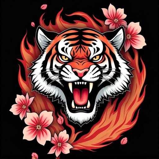A fierce and stylized roaring tiger surrounded by flames and sakura petals. The design merges traditional Japanese tattoo elements with contemporary streetwear aesthetics. Centered composition showcases sharp linework and high contrast against a black background. Tiger's intense eyes glow, emphasizing its ferocity. Perfect for t-shirt print with a striking visual appeal.