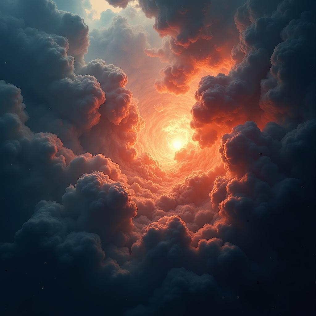 This image depicts a dramatic cosmic scene filled with swirling clouds and intense fiery highlights. The center glows with an orange and red light, resembling a celestial event. Dark blue and gray clouds surround the fiery core, creating a contrast that adds depth. The lighting creates a sense of movement and dynamism, as if the clouds are swirling. The nebula clouds form the word 'ELECTROSPOON'. This abstract representation captures the beauty of cosmic phenomena and evokes a sense of wonder.