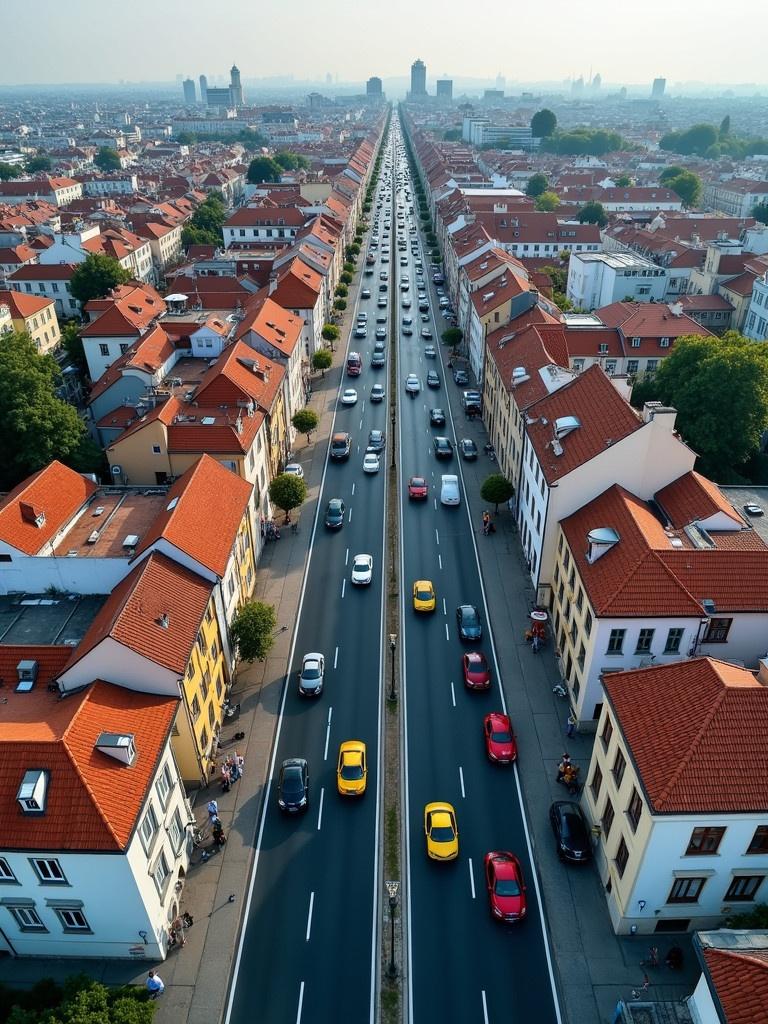 Aerial view of a busy city road. Colorful cars are seen on the road. Buildings with red roofs line the streets. The image shows detailed road networks. Fisheye perspective enhances the view.