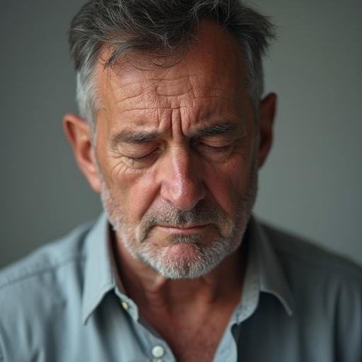 Portrait of a middle-aged man softly sobbing. Face shows visible regret and emotional exhaustion. Eyes shut tight; brows furrowed. Slightly open mouth conveys silent ache. Subtle sweat on forehead with a wrinkled shirt. Background plain and neutral; focus on raw, honest emotion. Studio lighting enhances skin texture and expression lines. Minimalist composition captures quiet realization.