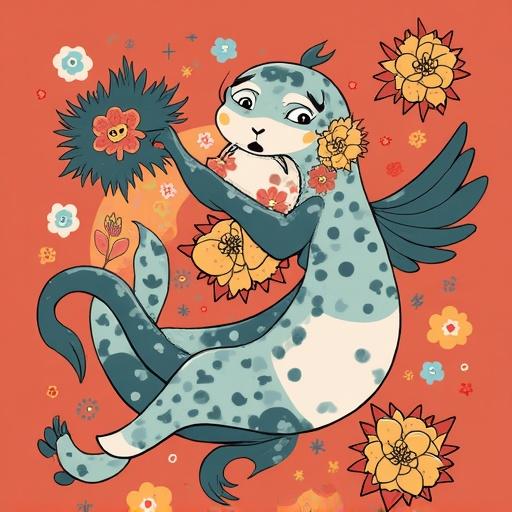 A poster featuring a whimsical sea creature celebrating the Mid-Autumn Festival. The creature is holding colorful flowers and surrounded by decorative elements. The background is vibrant and festive.
