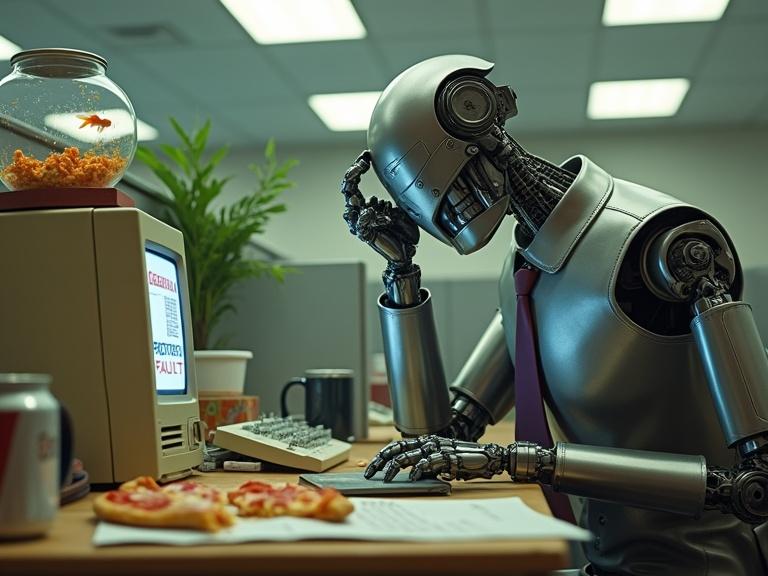Detailed cinematic shot of a retro-futuristic office robot in a ill-fitting suit at a desk. Robot hunched over a beige desktop computer showing a 'GENERAL PROTECTION FAULT' error. Chaotic desk with pizza, cans, and a floppy disk box. Goldfish in a bowl. One hand on forehead in despair, other holding a mug. Wilting plant in cubicle. Harsh fluorescent lighting.