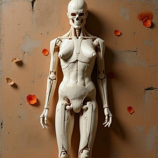 A poseable anatomical mannequin positioned against a textured background, surrounded by scattered flower petals. The body is detailed with visible joints and anatomical features.