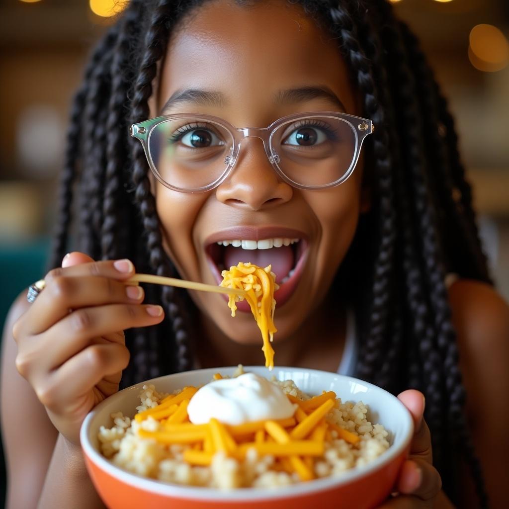 Mixed girl with glasses enjoys a bowl of white rice topped with cheese and sour cream. She holds a spoon and smiles while sitting at a table.