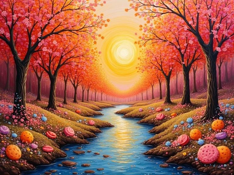 Vibrant neo-impressionist painting landscape features amber river, chocolate trees, candy flowers, cookie sun. Thick layers of colorful textured paint depict a whimsical scene.