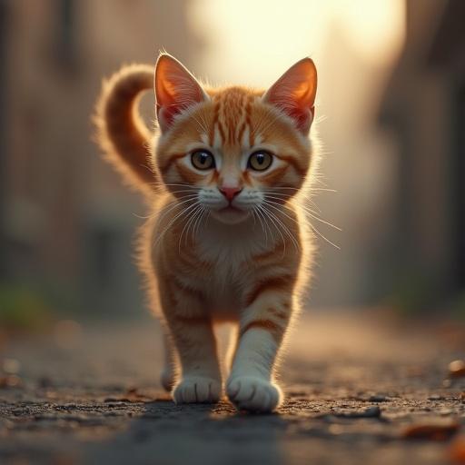 A hyper realistic image of a cat walking in a cinematic environment during golden hour.