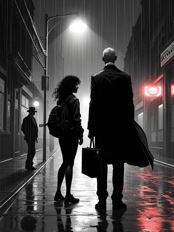 Gritty comic book scene set in Buenos Aires in 2025. Mysterious man under a flickering streetlamp. Young woman in streetwear. Heavy rainfall with wet sidewalks. Neon reflections and blurred silhouettes. High-contrast black and white with red accents. Noir mood with strong shadows and cinematic framing.