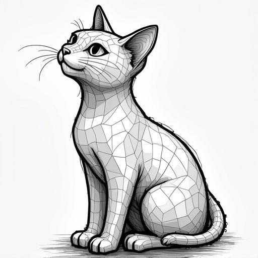 Wire frame style representation of a cat. Geometric shapes create a cat figure. The design is simple and stylized. Monochrome color scheme used. Suitable for various artistic projects.