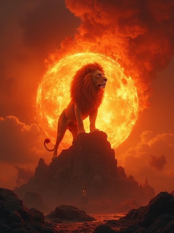 Flaming lion over ancient ruins with a burning hourglass under an apocalyptic red sky. The image reflects themes of final judgment portrayed in cinematic hyperrealism style.