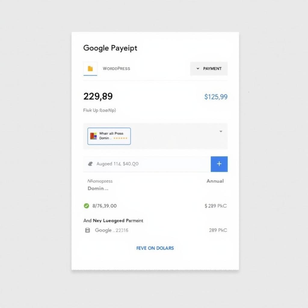 Image of Google payment receipt. The receipt shows payment of 229.89 dollars. The payment is for WordPress's annual service. There is branding from Google present. Display includes transaction details in a clean layout. Receipt features the currency conversion from dollars to PKR. Details are easily readable.