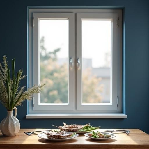Promotional image of a closed modern white UPVC window. The window is centered in a room with a navy wall. A rustic wooden table is in front of the window. The table has a Sham El-Nessim setup with whole salted fish and whole smoked herring. Fresh green onions are displayed on the plates. Soft daylight enters the room, creating a cozy atmosphere.