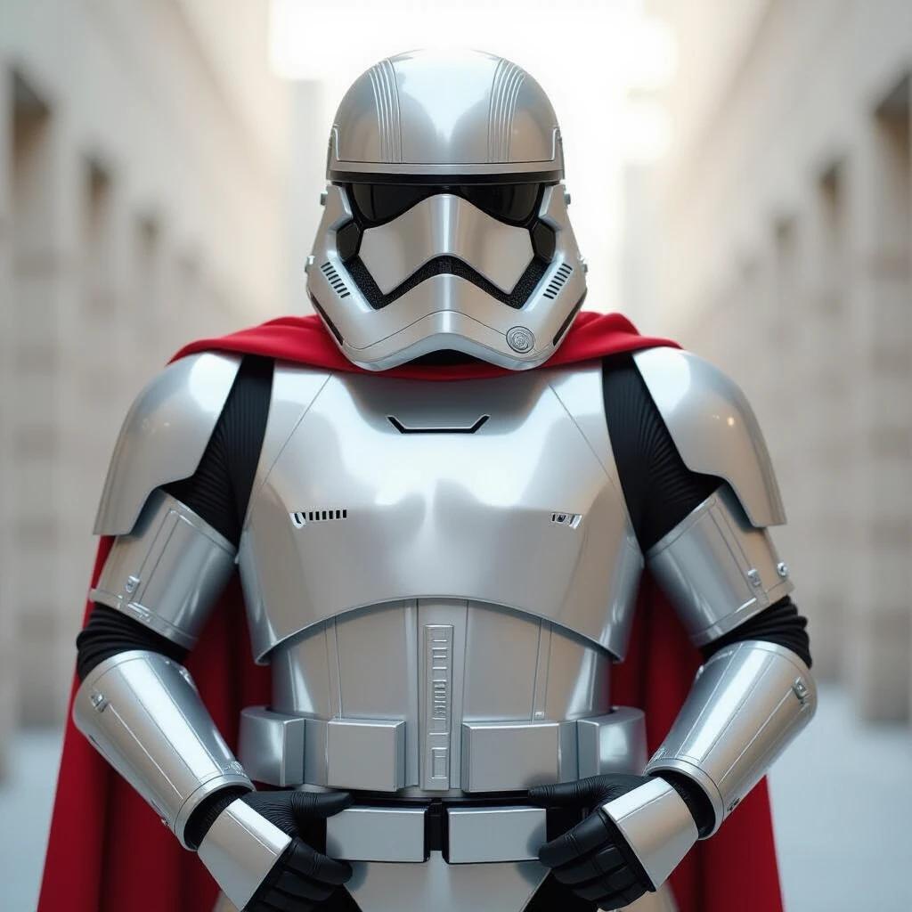 Armor-clad character with a red cape poses confidently in a hallway.