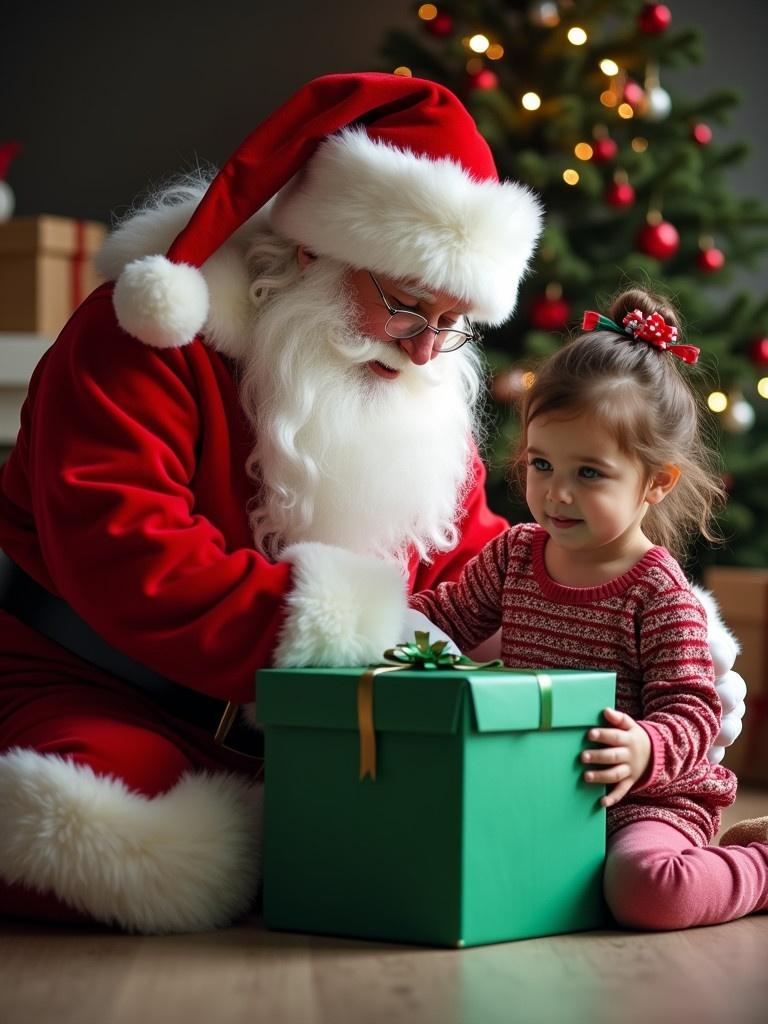 Santa Claus gives a green gift box to a little girl. Santa wears a traditional red suit with white fur trim. The scene is cozy with a Christmas tree in the background decorated with red ornaments and lights. The girl is seated with excitement while reaching for the gift. The setting represents the festive holiday spirit.