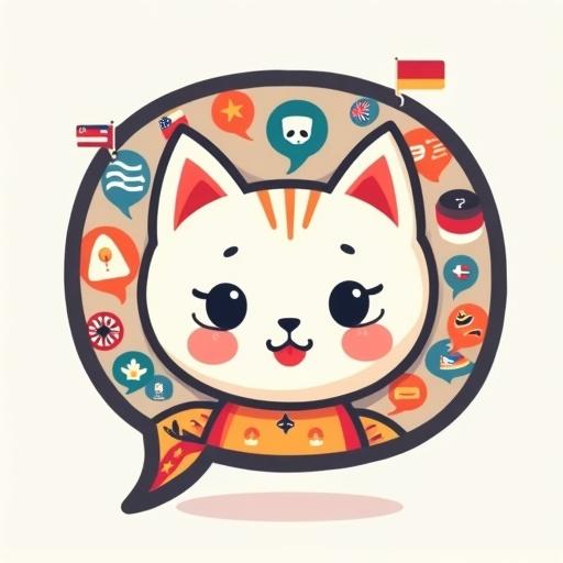 A friendly chatbot avatar styled like Kiki the cat with a speech bubble filled with colorful language icons and tiny international flags encircled by a modern border.