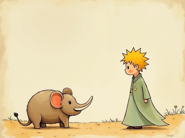 A little prince with spiky blonde hair and a long green coat standing in front of a small elephant. The elephant has large ears and a playful expression. The background is light and simple. The artwork has a soft and charming style that appeals to children.