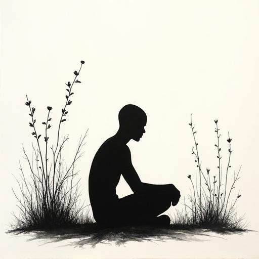 Minimalist depiction of a bald human silhouette in a garden. The figure is thin and tall, sitting peacefully amidst delicate plants. The artwork features monochrome sketching with ink lines on textured paper, reflecting a serene mood and traditional Asian influences.