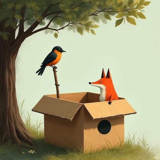 Empty carton box beneath a tree. Box has a ripped side and a black spot. A stick is inside the box. A bird sits on the stick. A fox sits in the box.
