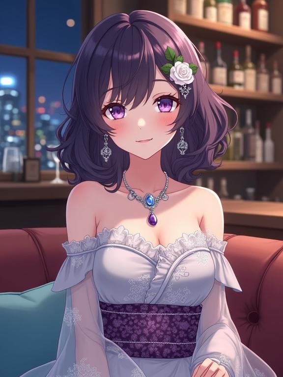 Anime-style illustration of a young woman with dark purple wavy hair and soft purple eyes. She wears an off-the-shoulder light grey dress with floral patterns and translucent sleeves. Sash at her waist in purple. Silver gemstone necklace and earrings. A white rose adorns her dress. Seated on a brown sofa with a blue cushion in a bar setting at night. City skyline visible through a window.