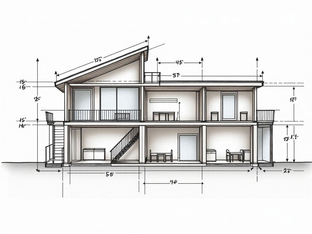 The image is a detailed architectural section plan of a two-story building. It showcases an open layout connecting multiple rooms, including a kitchen, hall, WC, and storage areas, each with different ceiling heights. The plan is annotated with precise measurements indicating dimensions and structural components. Large windows and doors are distinctly marked to highlight their placement, allowing natural light into the space. A staircase links the two floors, with furniture elements like tables and cabinets suggested in the diagram, emphasizing the open connection between rooms and the outside environment.