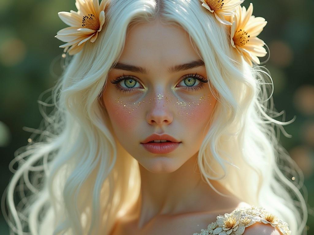 The image features a young woman with long, wavy white hair adorned with delicate golden flowers. Her striking eyes are a mix of green and gold, which shine brilliantly. She has subtle shimmering glitter on her cheeks, adding a magical touch to her appearance. The background is softly blurred, creating a dreamy atmosphere. She wears an elegant dress decorated with intricate floral patterns, enhancing her ethereal look. The overall composition of the image gives a whimsical, fairy-like vibe.