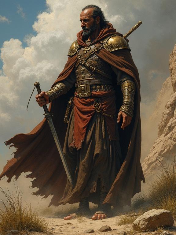 Character design of a fantasy warrior wearing armor and a cape. The character holds a sword and stands confidently on a rocky terrain under a cloudy sky.